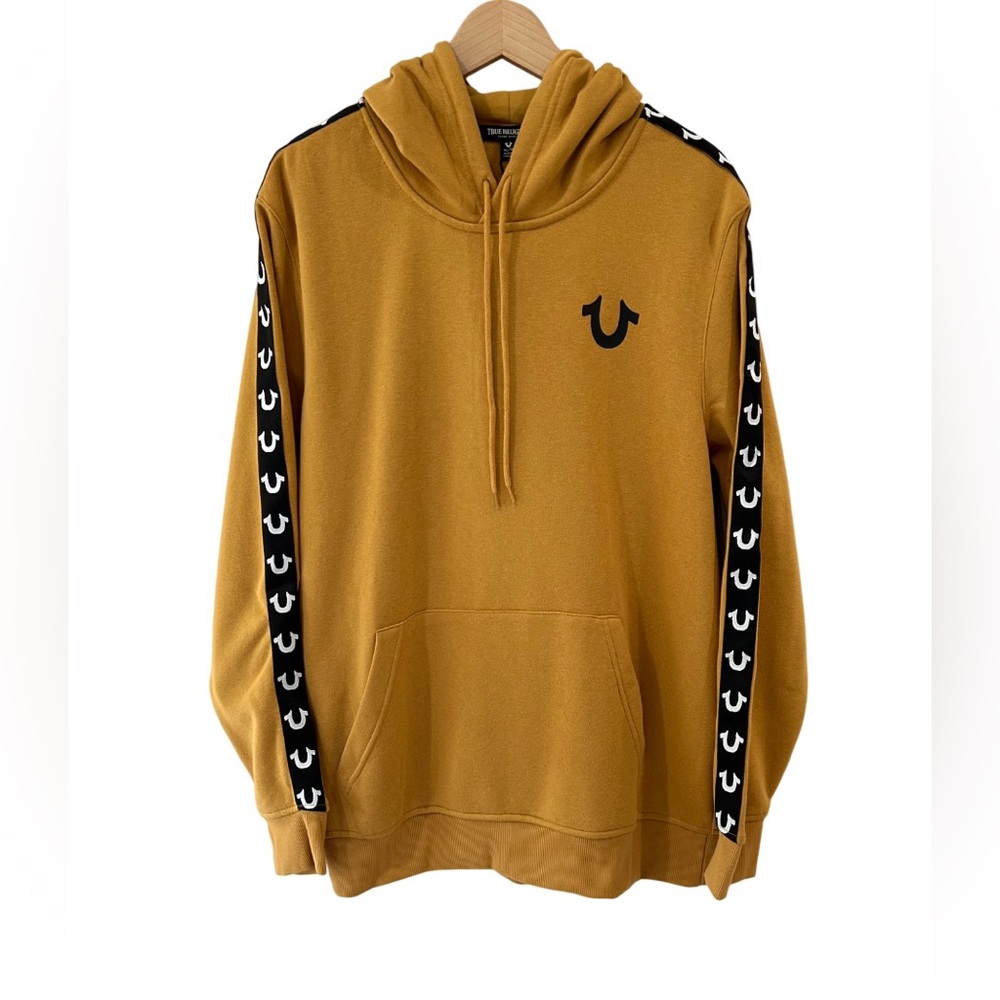 TRUE RELIGION men’s logo tape trim Pullover Hoodie XL honey mustard pocket NWT